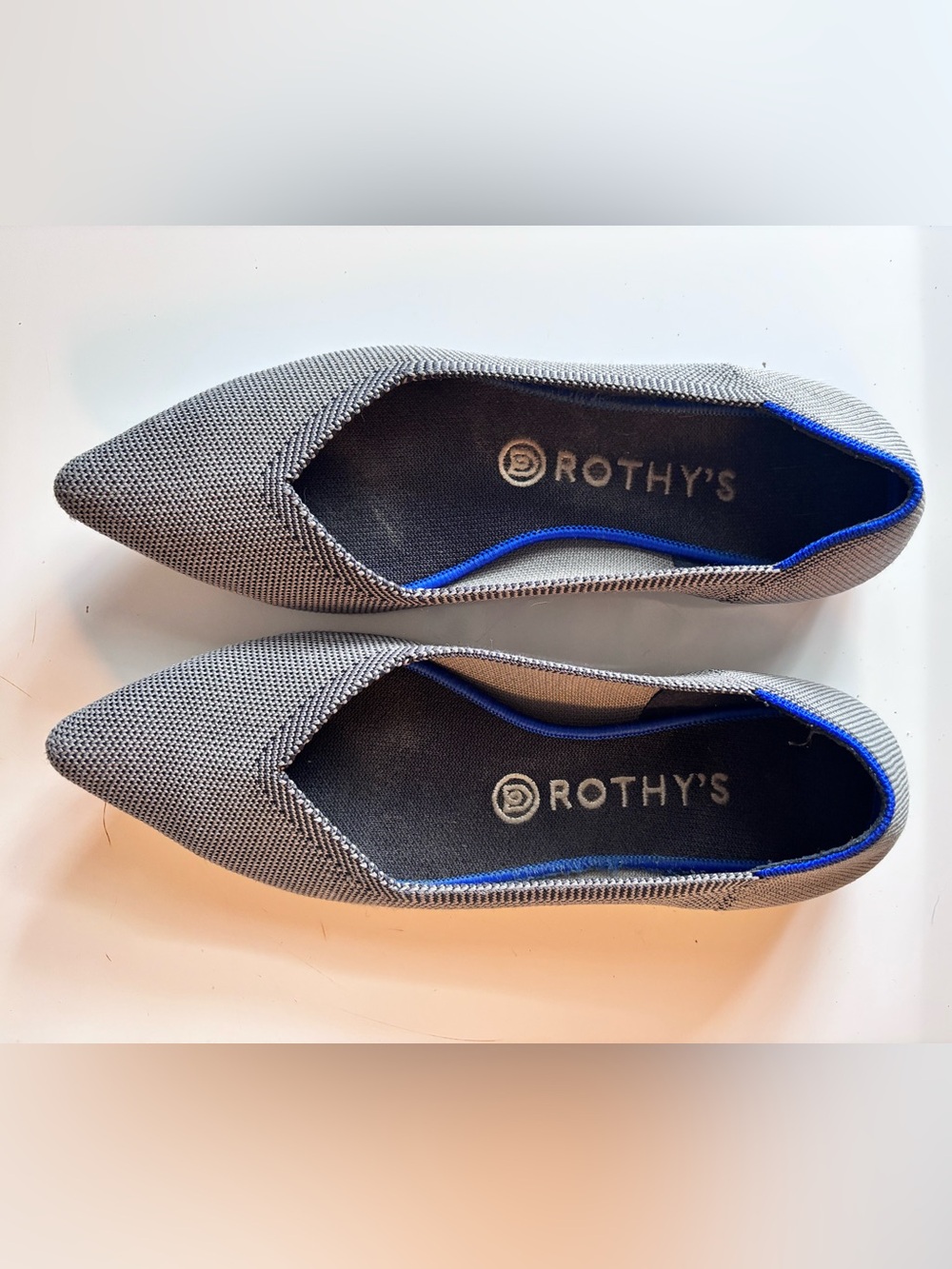 Rothy's Gray Knit Pointed-Toe Flats with Blue Trim